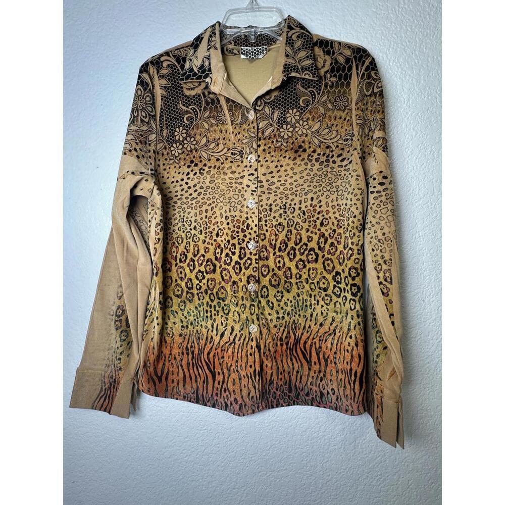 Women’s M Fantazia Animal Print Button Down Shirt Long Sleeve Collared Retro Y2K